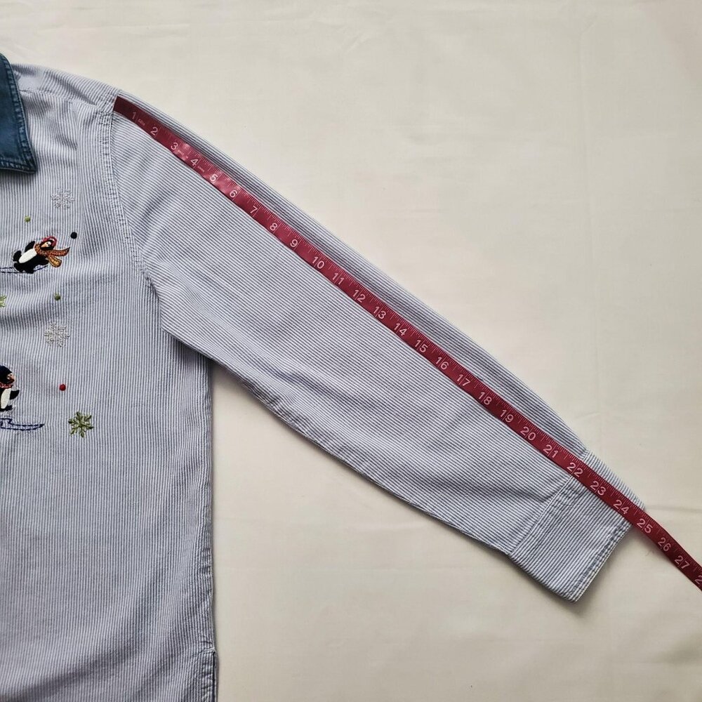 Women’s Striped Skating Penguins Winter Holiday LS Woven Shirt Size L/G (12-14) - Picture 8 of 9